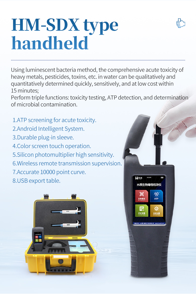 HM-SDX handheld toxicity detector close-up with color touchscreen menu and accessory case