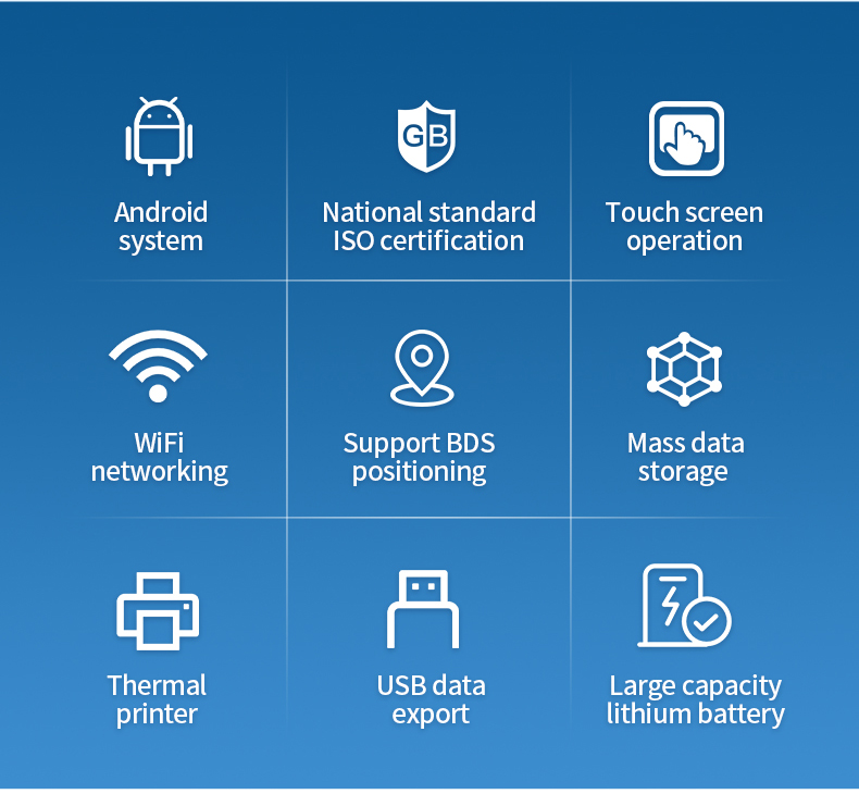Nine key features icons including Android system ISO certification touchscreen WiFi and lithium battery