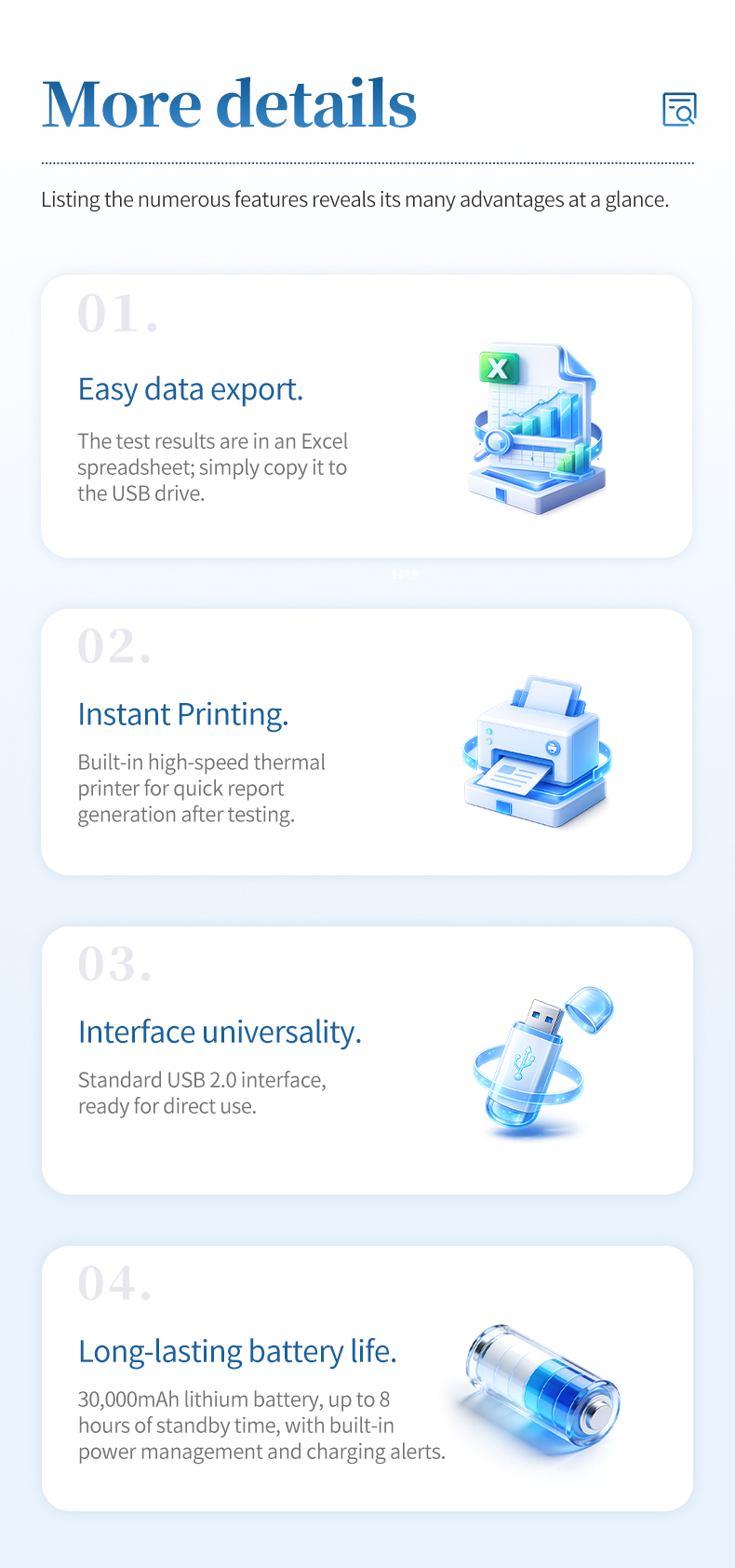 More details four feature cards data export thermal printing USB interface 30000mAh battery
