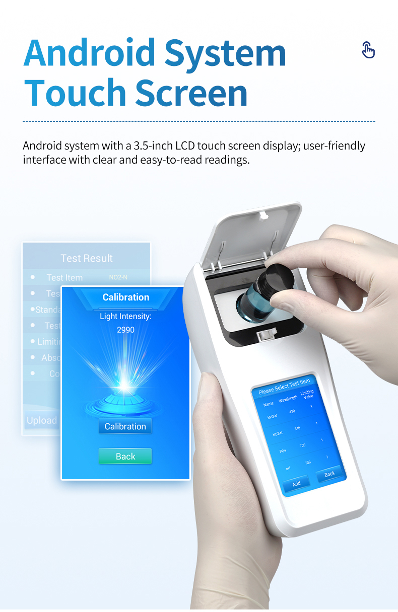 HM-SCOD Android touch screen calibration interface with gloved hand inserting sample vial
