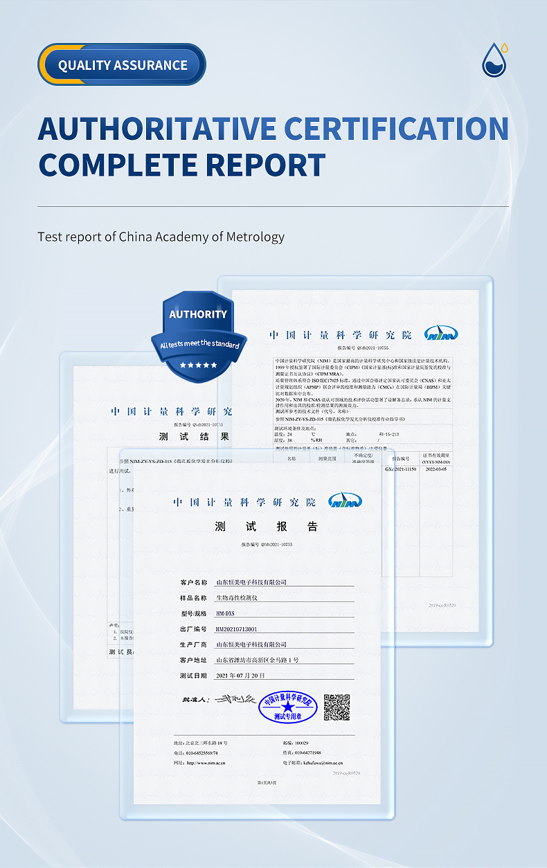 HM-SDX China Academy of Metrology certification test report with official seal and QR code