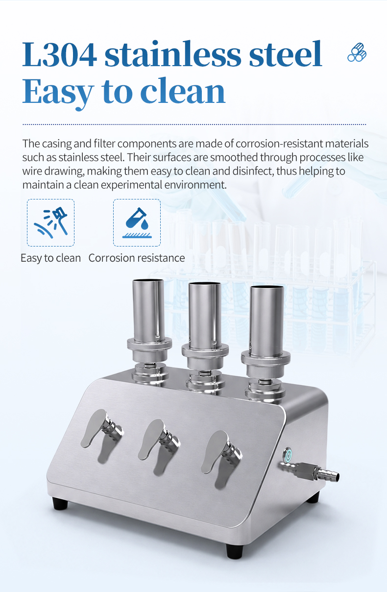 Detachable stainless steel cup removed from six-position filtration head for autoclave sterilization processing