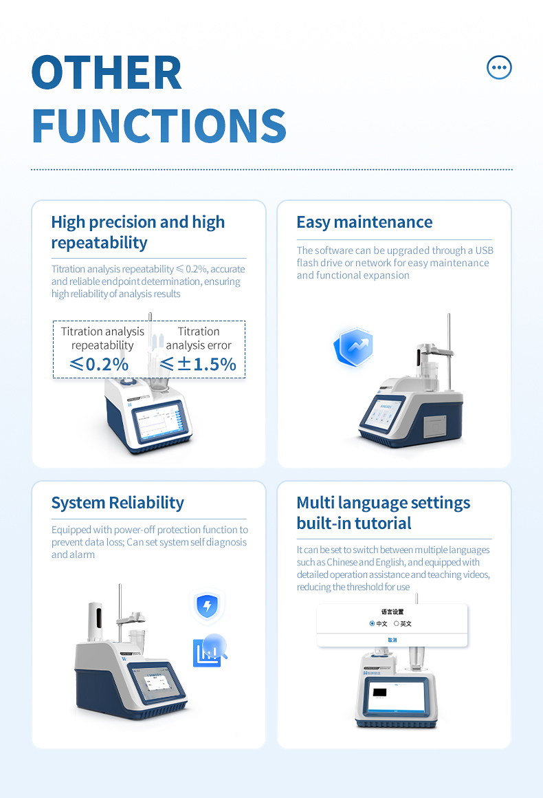 Additional features overview showing high precision maintenance ease and multi-language settings
