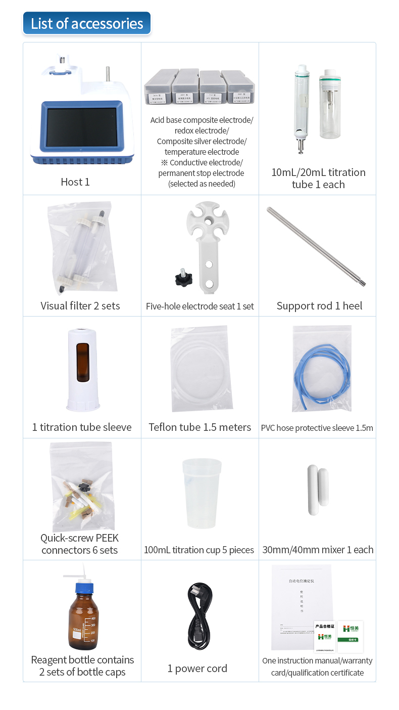 Complete accessories package including electrodes burettes tubing reagent bottles and documentation