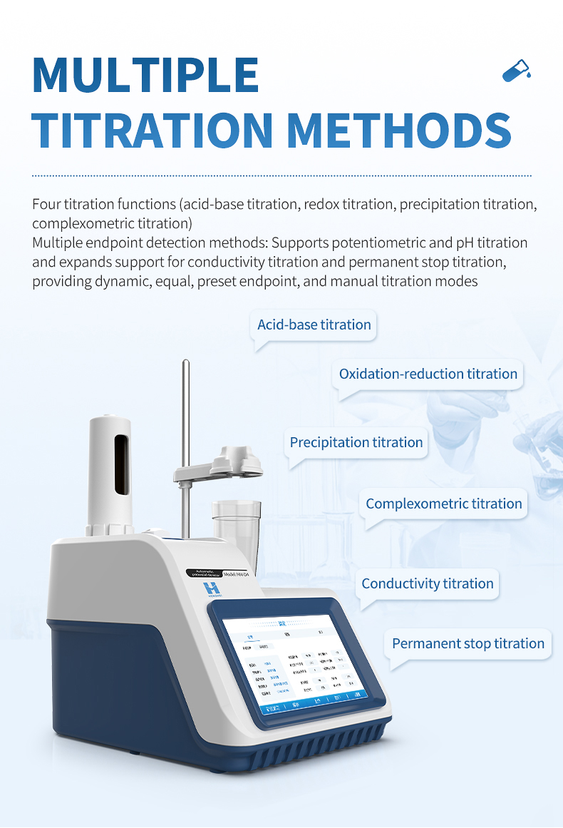 Five titration method types with dead-stop endpoint detection highlighted for pharmaceutical analysis