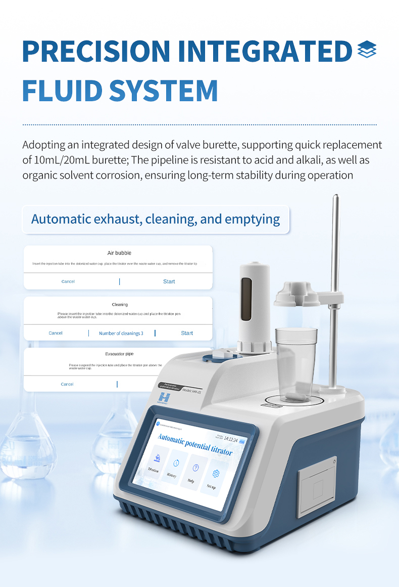 Integrated fluid system showing precision valve burette assembly automatic degassing cleaning and pipe evacuation functions