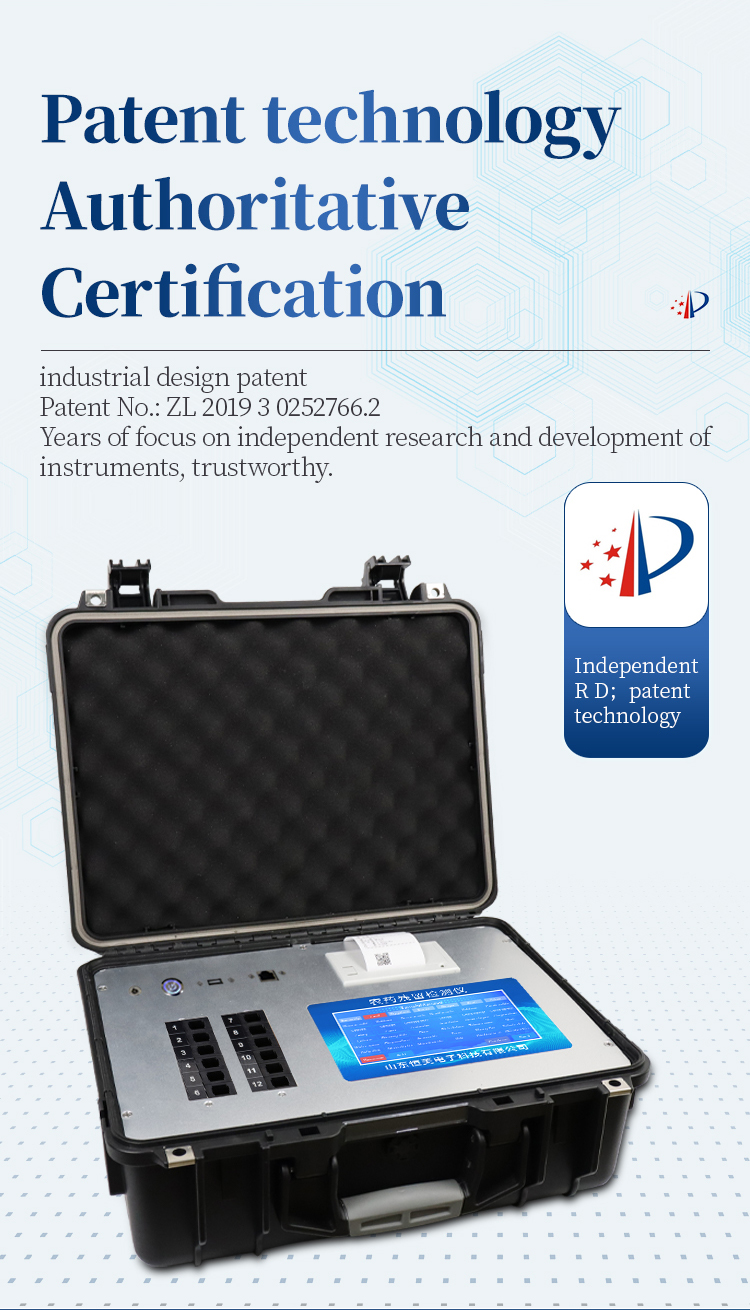 HM-NY24P test result report display showing 60 plus pesticide compound detection data