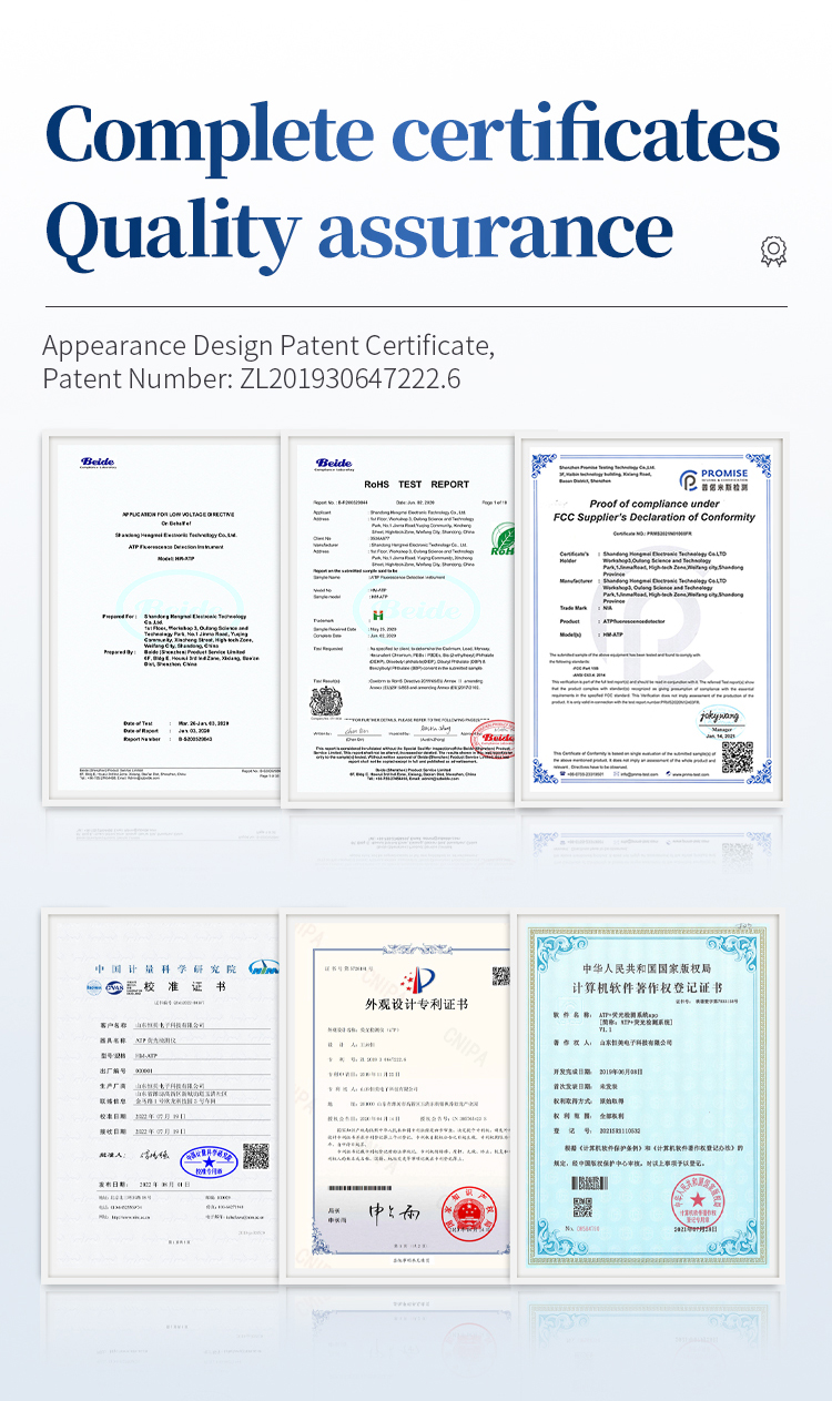 HM Instruments quality assurance certificates including FCC RoHS and design patent documents
