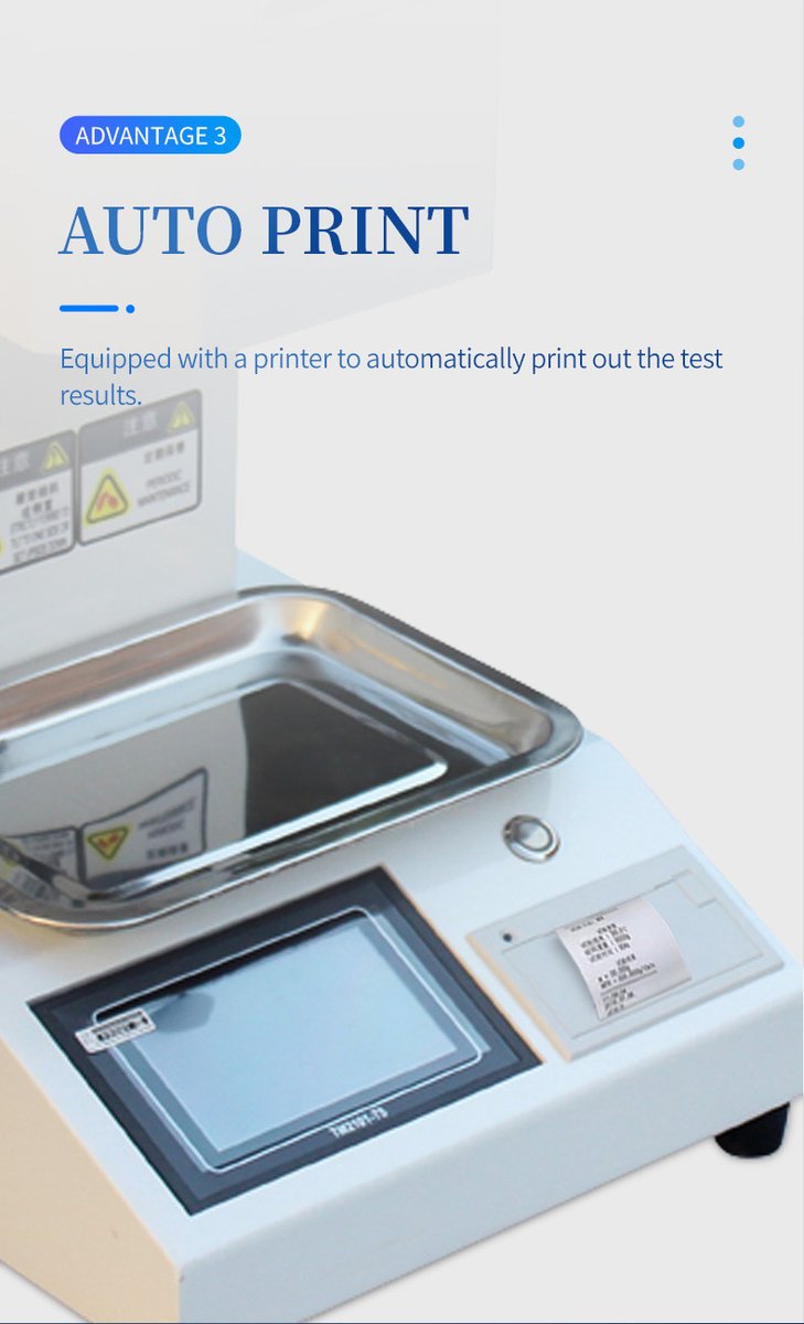 Built-in micro printer with test result paper partially ejected from the device output slot