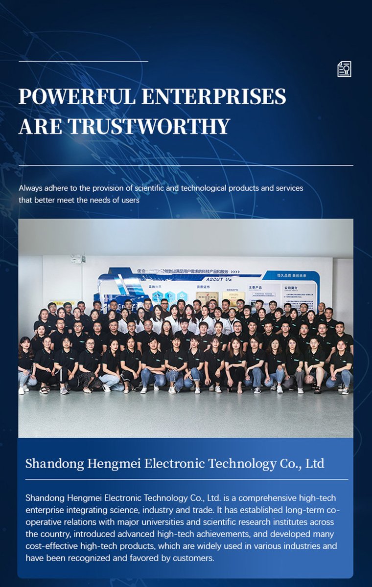 Shandong Hengmei Electronic Technology team photo in front of company display wall with honorary certificates