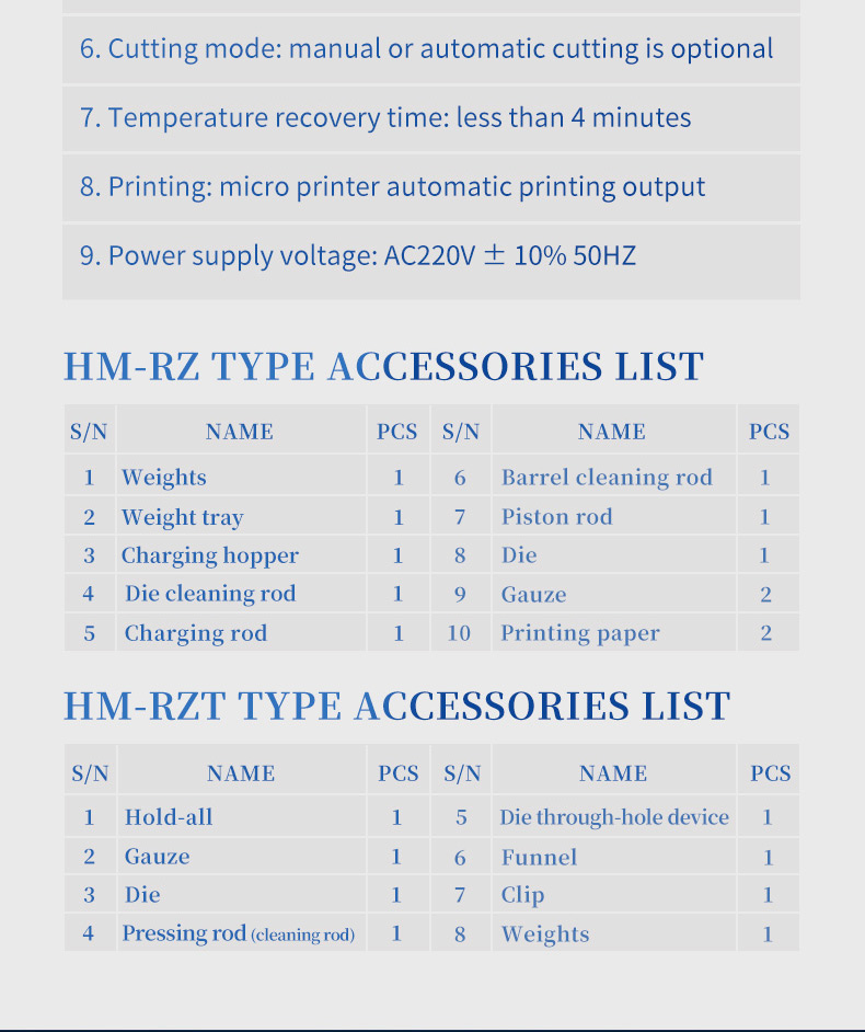 HM-RZT accessories list including hold-all gauze die pressing rod die through-hole device funnel clip and weights
