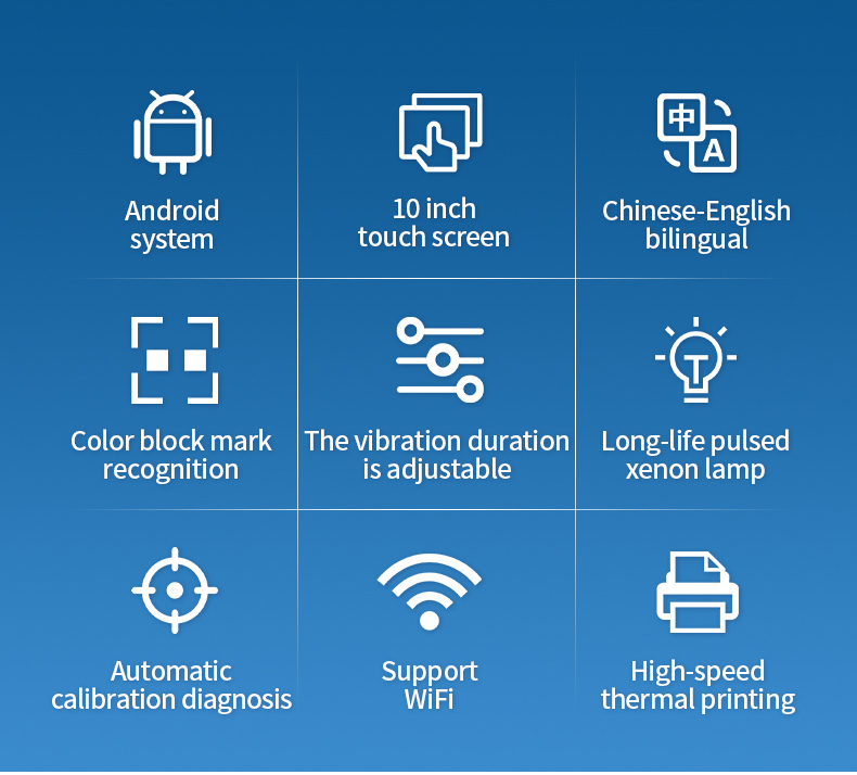 HM-384Q feature grid showing Android system touchscreen and xenon lamp capabilities