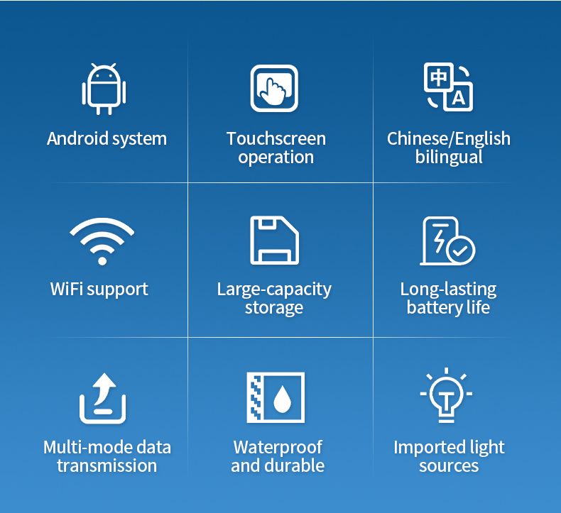 Feature icon grid showing Android system touchscreen WiFi and waterproof capabilities of turbidity meter