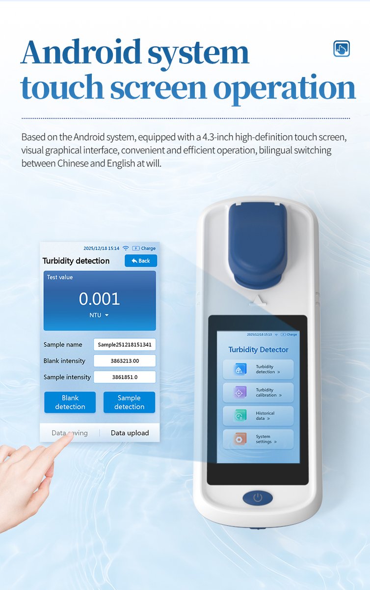 HM-SXT2 turbidity meter touchscreen interface showing turbidity detection menu with 0.001 NTU reading