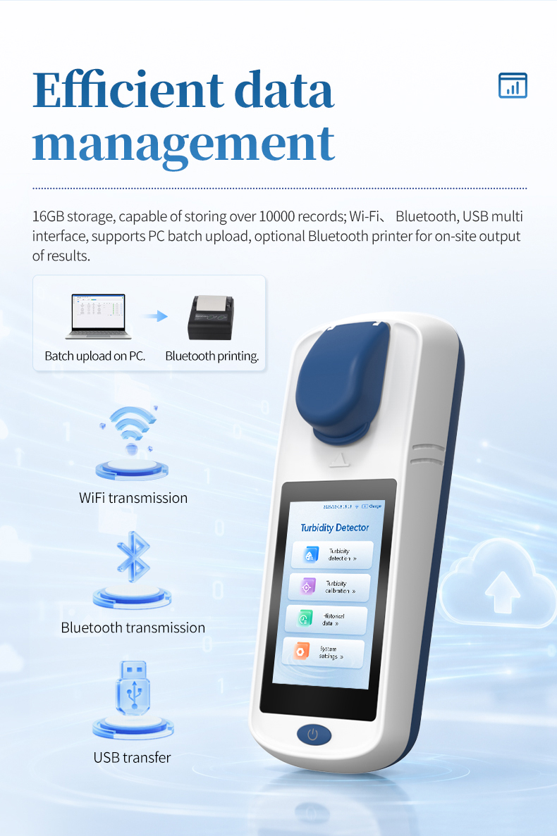 Data management features with WiFi Bluetooth and USB connectivity for 16GB storage turbidity meter