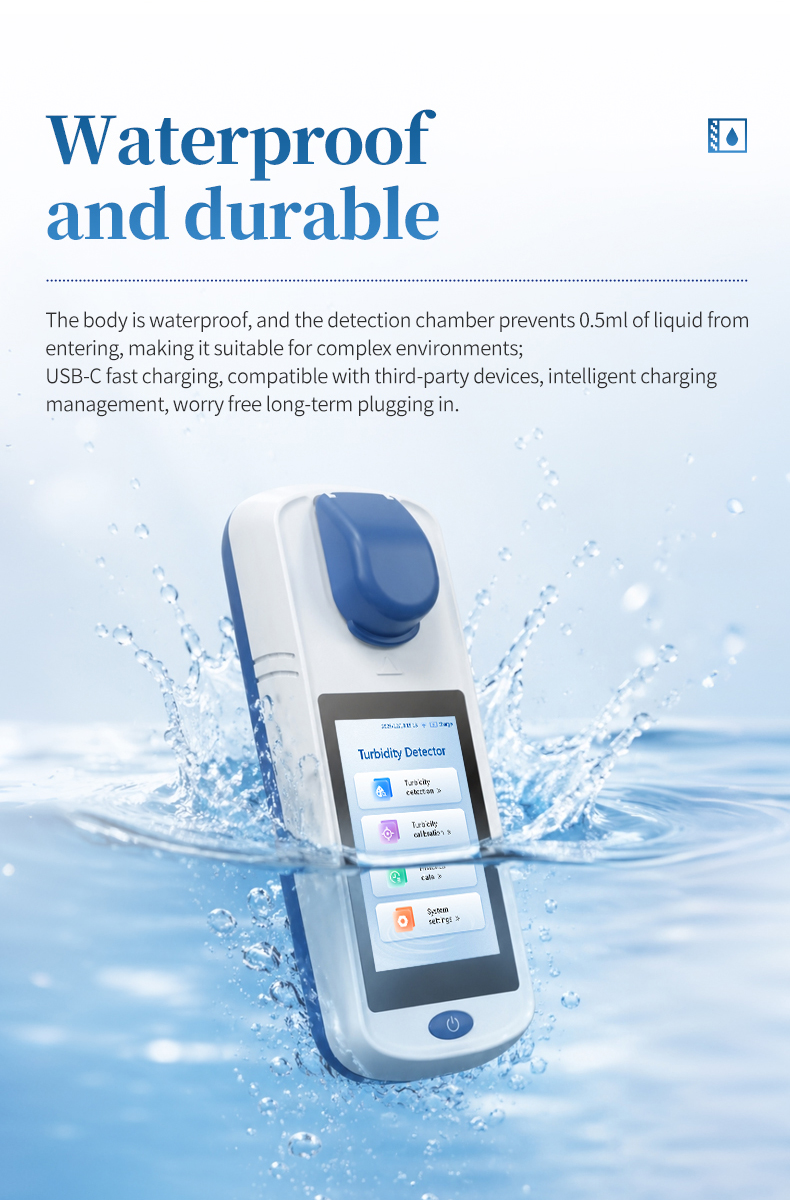 HM-SXT2 turbidity meter waterproof body with water splash demonstrating IP65 protection rating