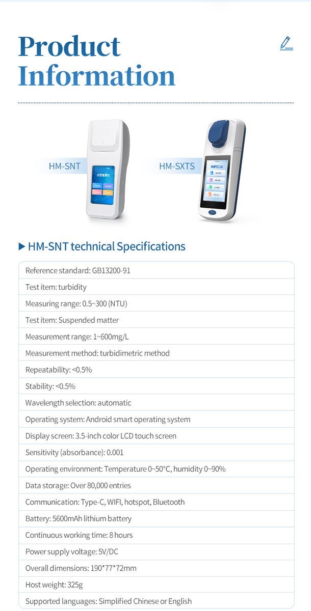 HM-SNT technical specifications table with turbidity measurement parameters and dimensions