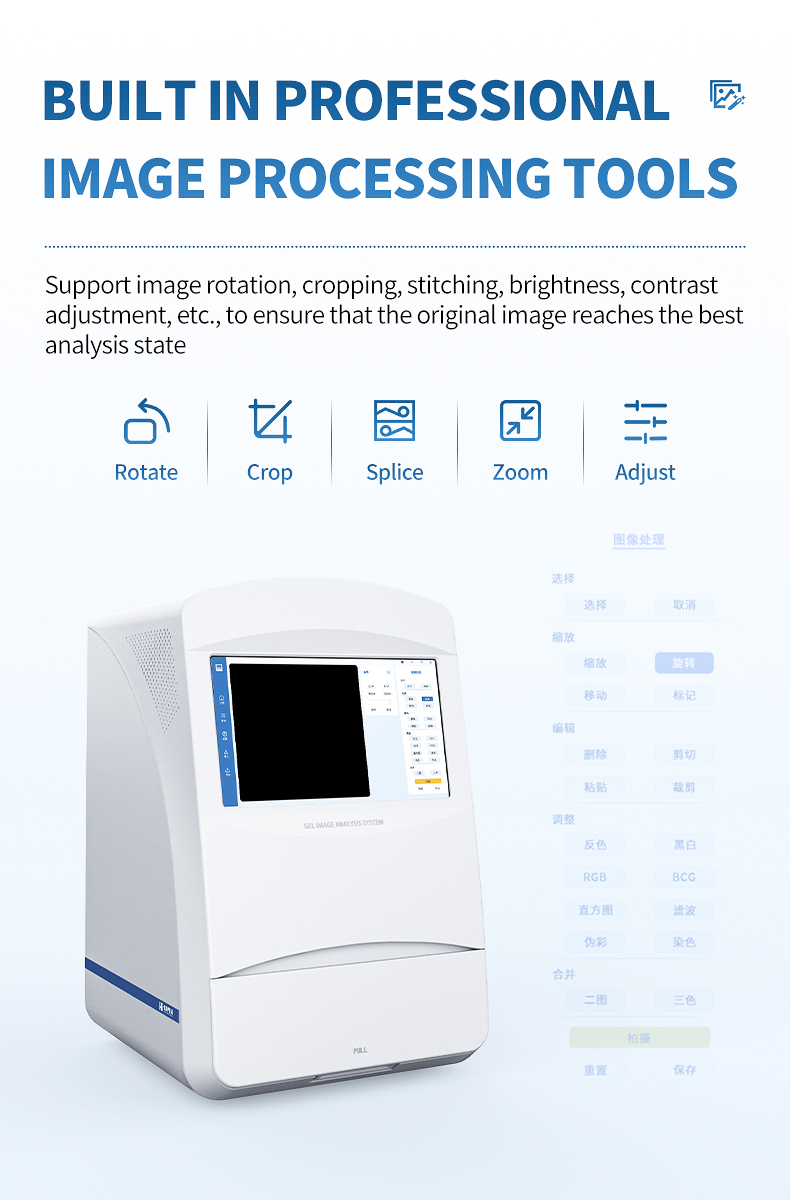 Built-in image processing tools for rotate crop splice zoom and adjust functions