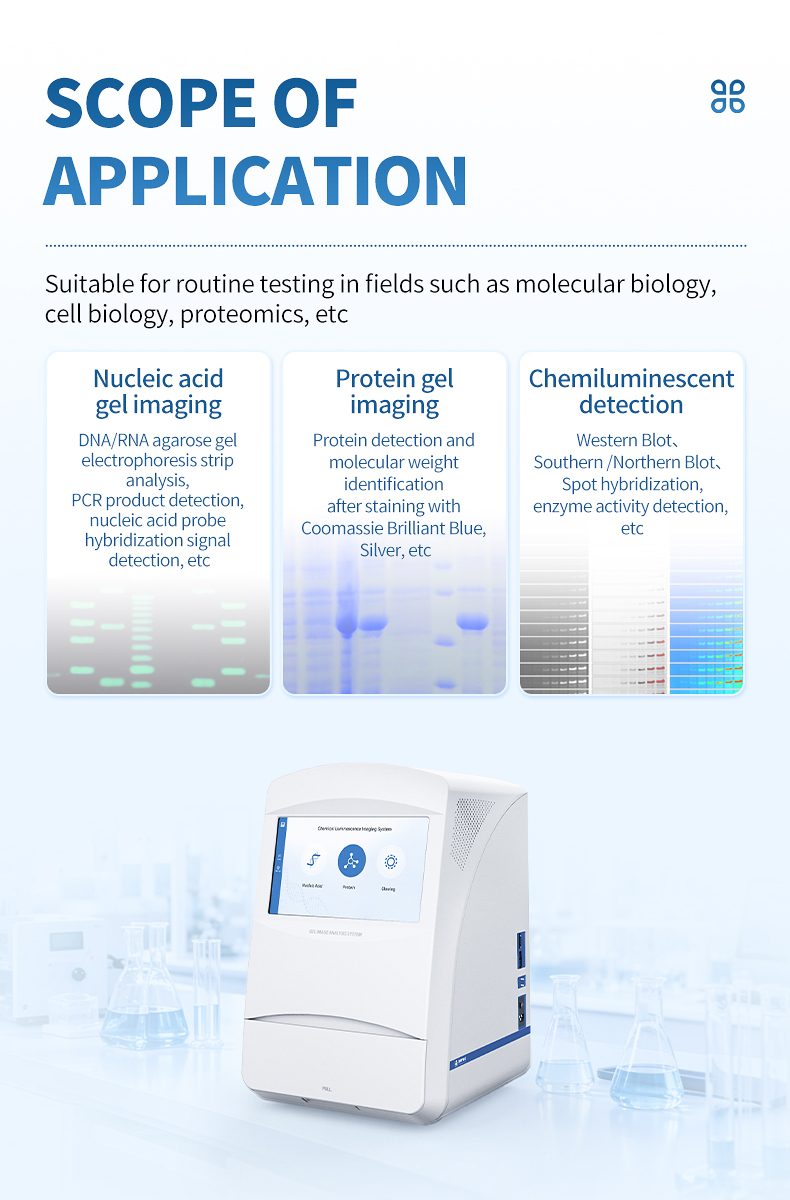 Application scope showing nucleic acid gel protein gel and chemiluminescence