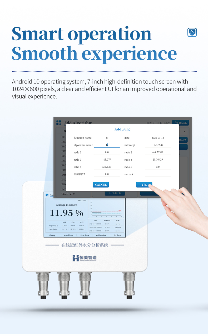 HM-ZHS Android 10 touchscreen interface showing moisture data graph and Add Function calibration modal