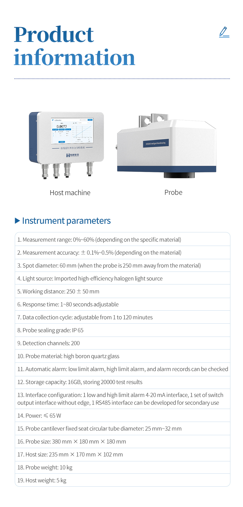 HM-ZHS product information sheet showing host machine probe and 19 instrument technical parameters