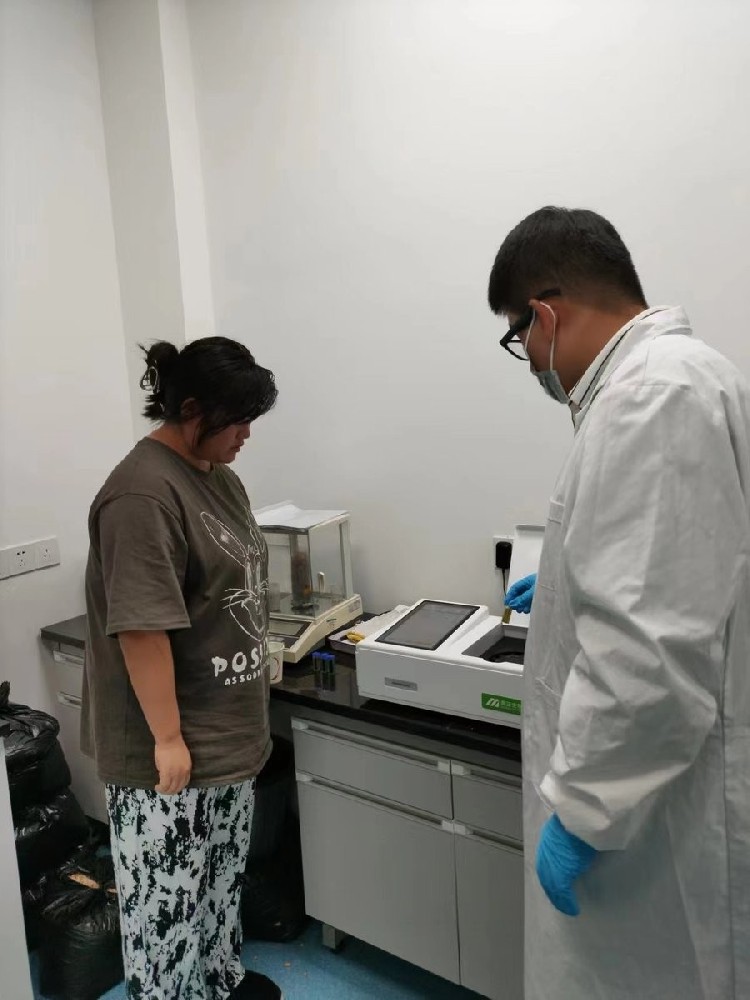 Technicians at Qingzhen national grain reserve testing rice freshness with HM-GW meters