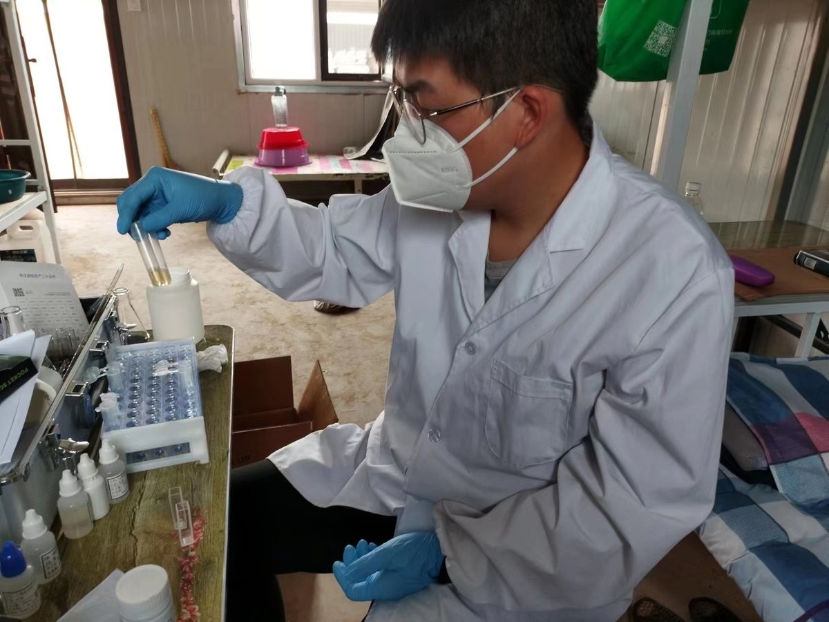 Instructor examining yellow-coloured soil extract in test tube after colour development during HM-GT4 analysis demonstration
