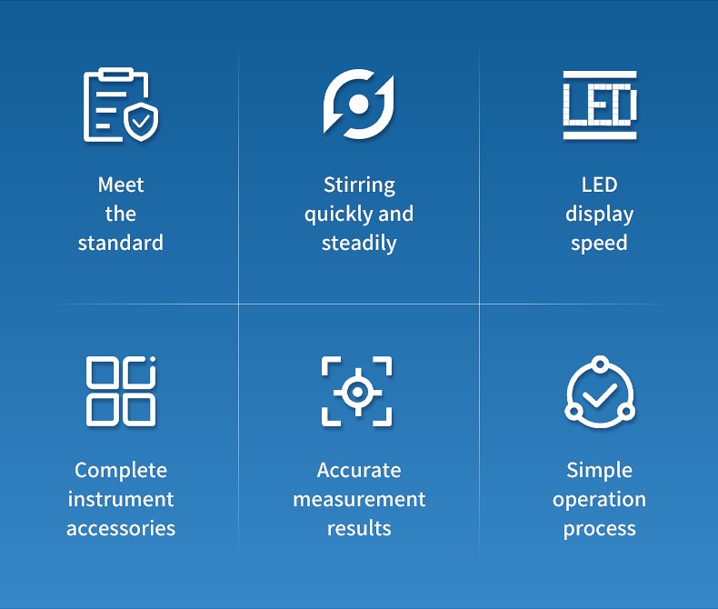Six feature icons covering standard compliance steady stirring and LED speed display