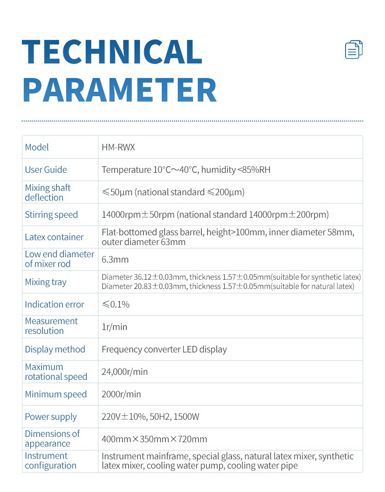 Technical parameter table listing HM-RWX speed range power supply and outline dimensions