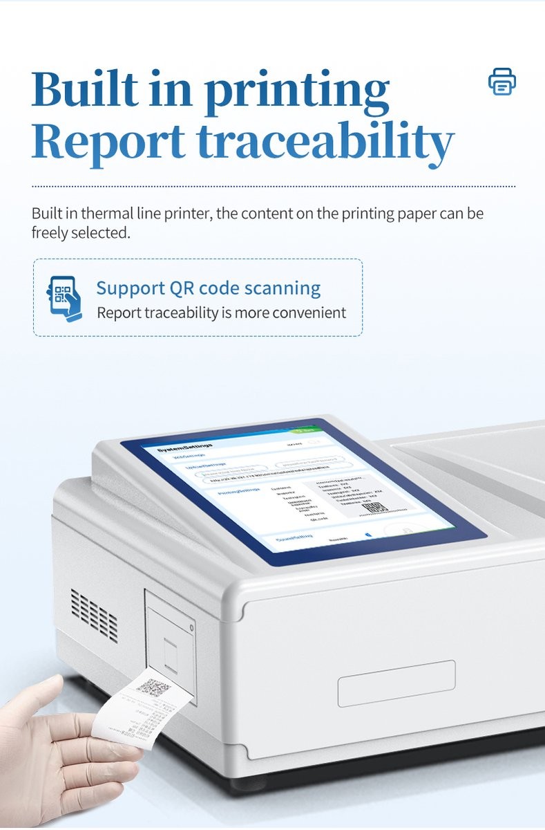HM-TCMn built-in thermal printer producing test report with QR code