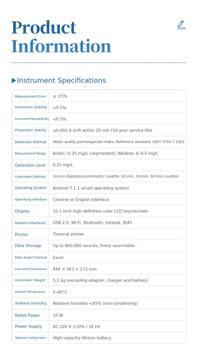 HM-TCMn permanganate index analyzer full instrument specifications table