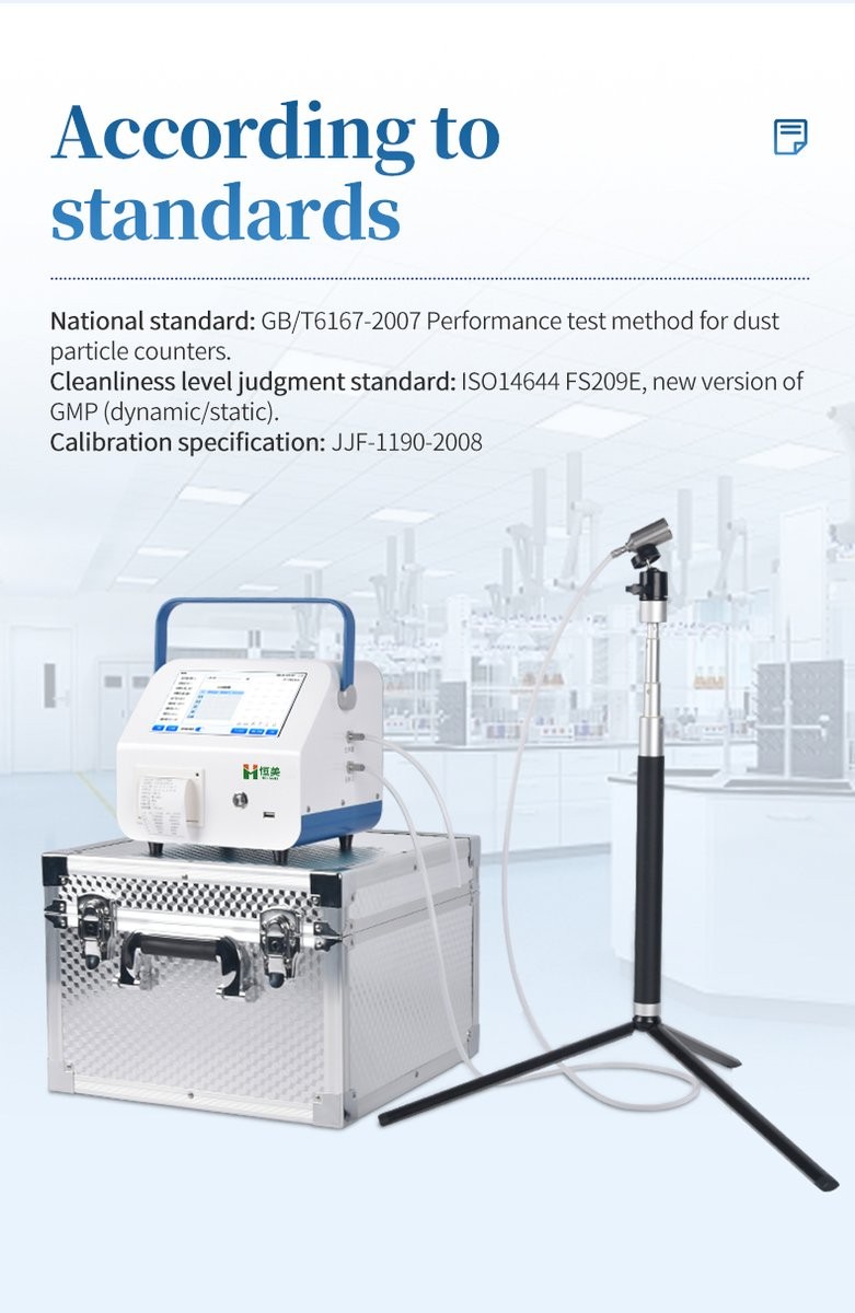 HM-CL3 dust particle counter on aluminum transport case with tripod and compliance standard references