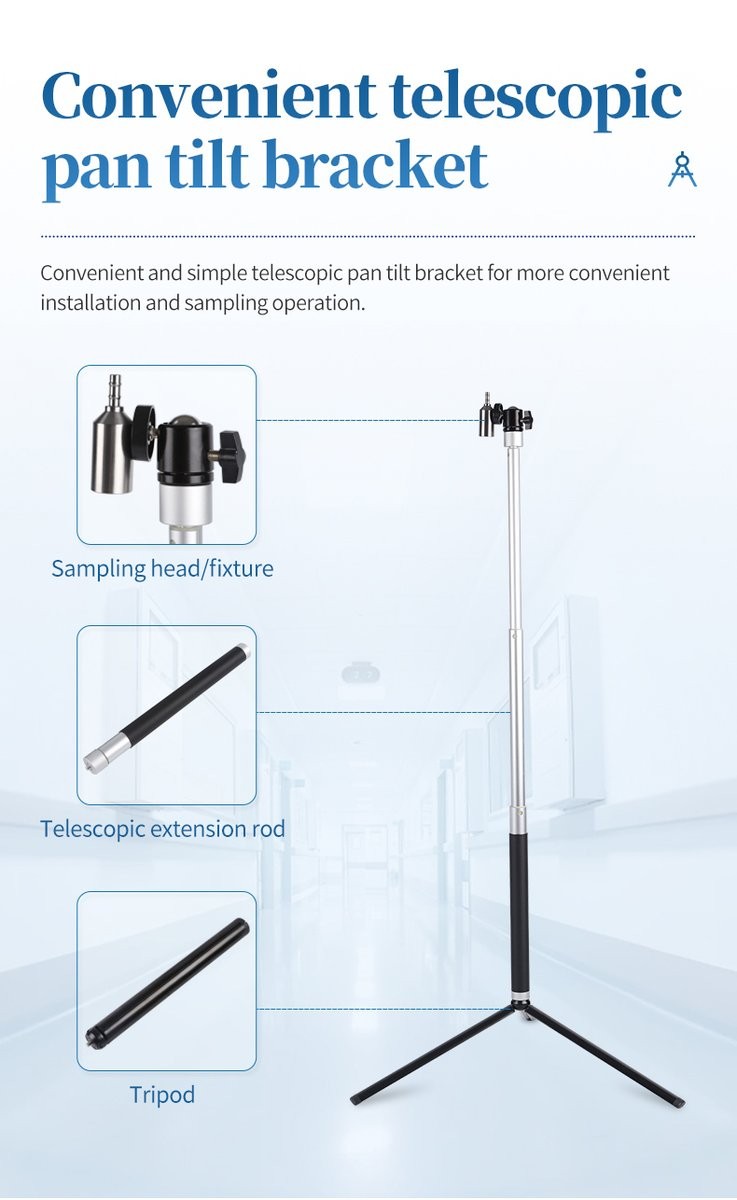 HM-CL3 telescopic pan tilt bracket with sampling head extension rod and tripod for large cleanroom measurement