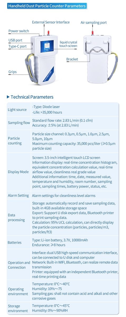 Handheld dust particle counter variant specification sheet with labeled components and parameters