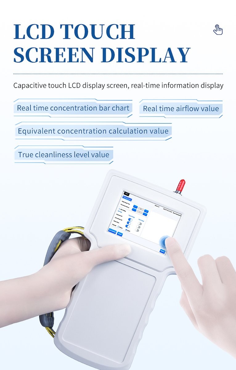 HM-SCL dust particle counter capacitive touch LCD displaying real-time concentration bar chart and cleanliness level