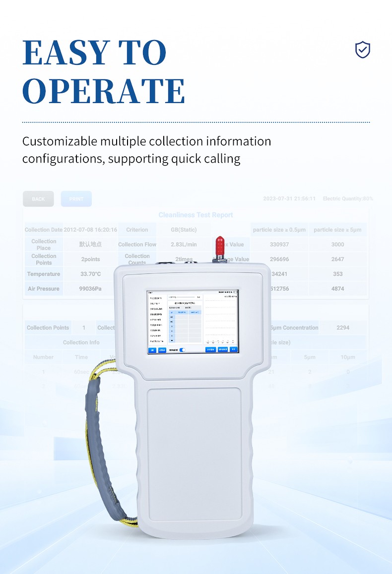 HM-SCL dust particle counter customizable sampling configurations with period and volume settings on screen