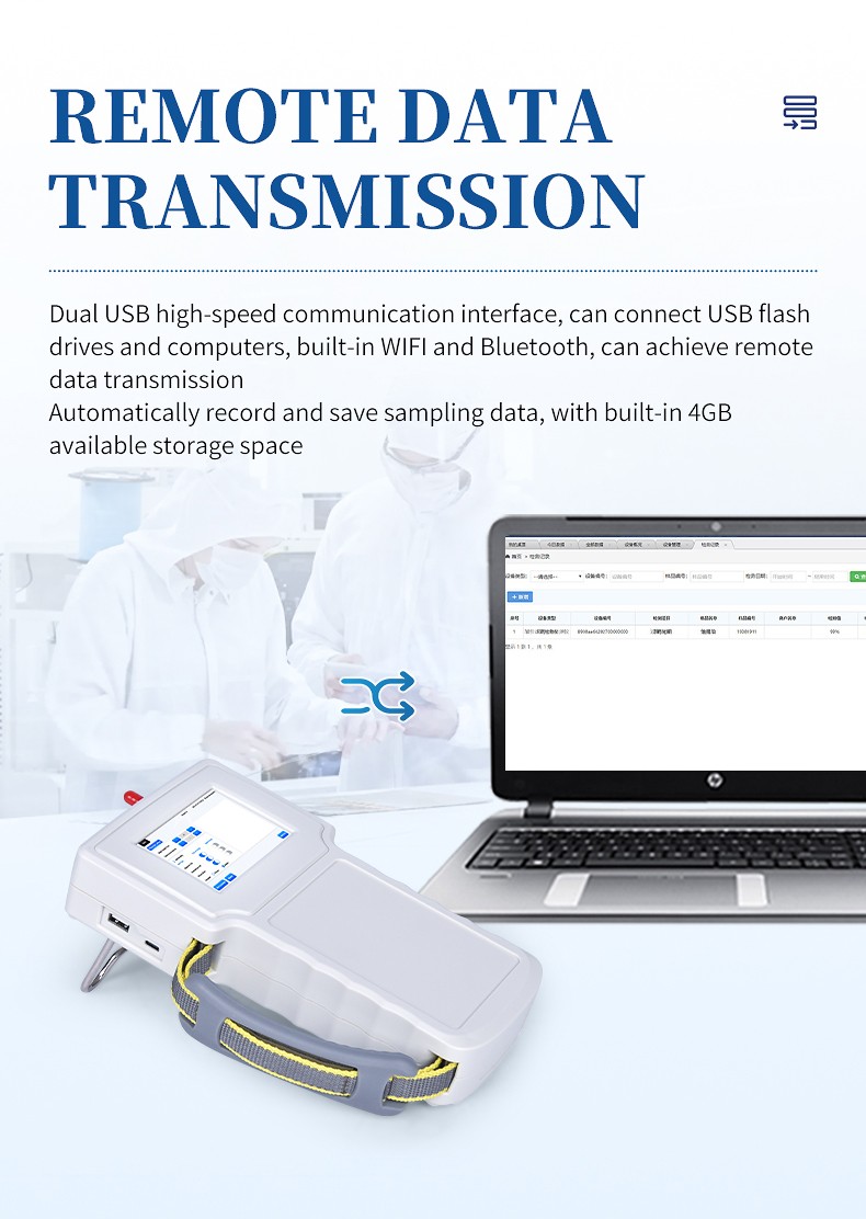 HM-SCL particle counter data connectivity options including dual USB ports WiFi module and Bluetooth printer