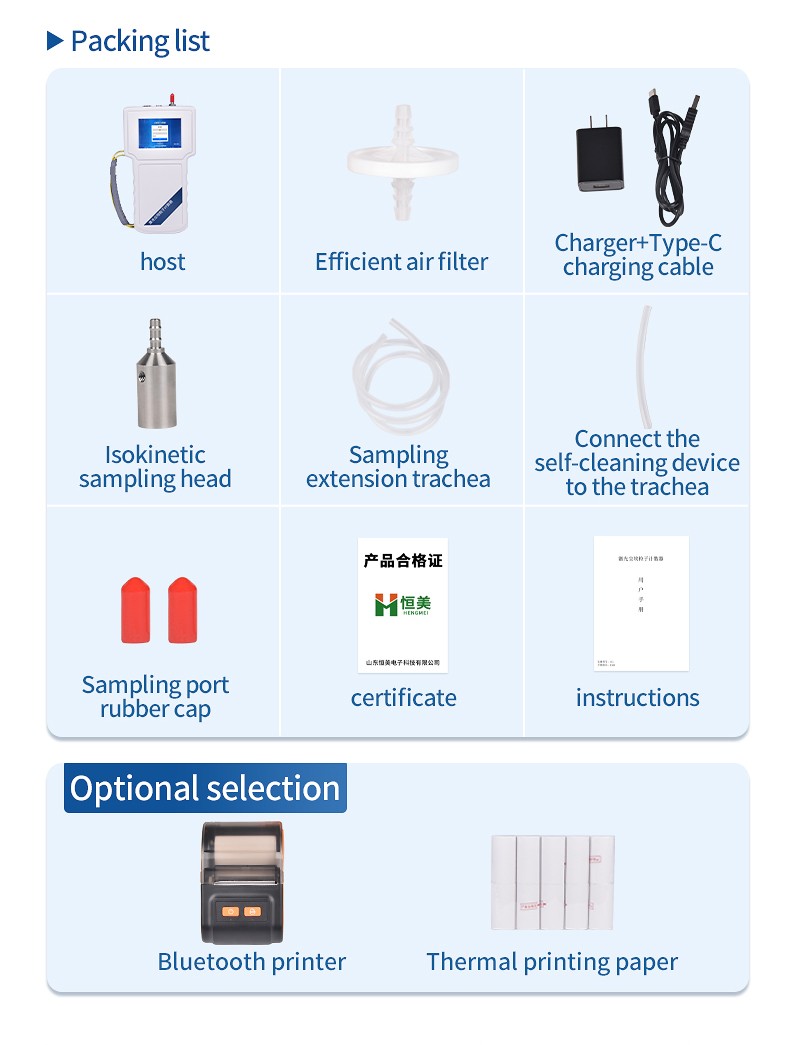 HM-SCL handheld counter packing list showing host unit charger sampling head filter and accessories