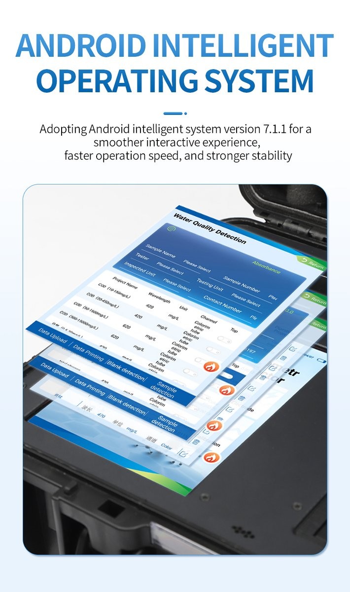 Android 7.1.1 interface on 8-inch touchscreen showing multi-parameter detection workflow screen