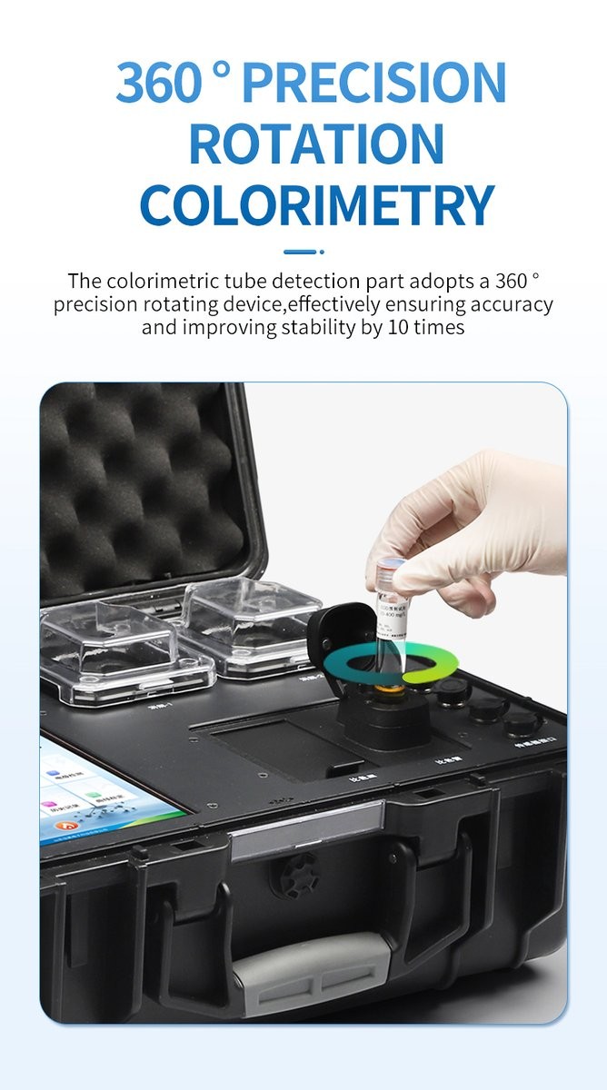 Operator performing 360-degree rotating colorimetric tube measurement with precision alignment mechanism