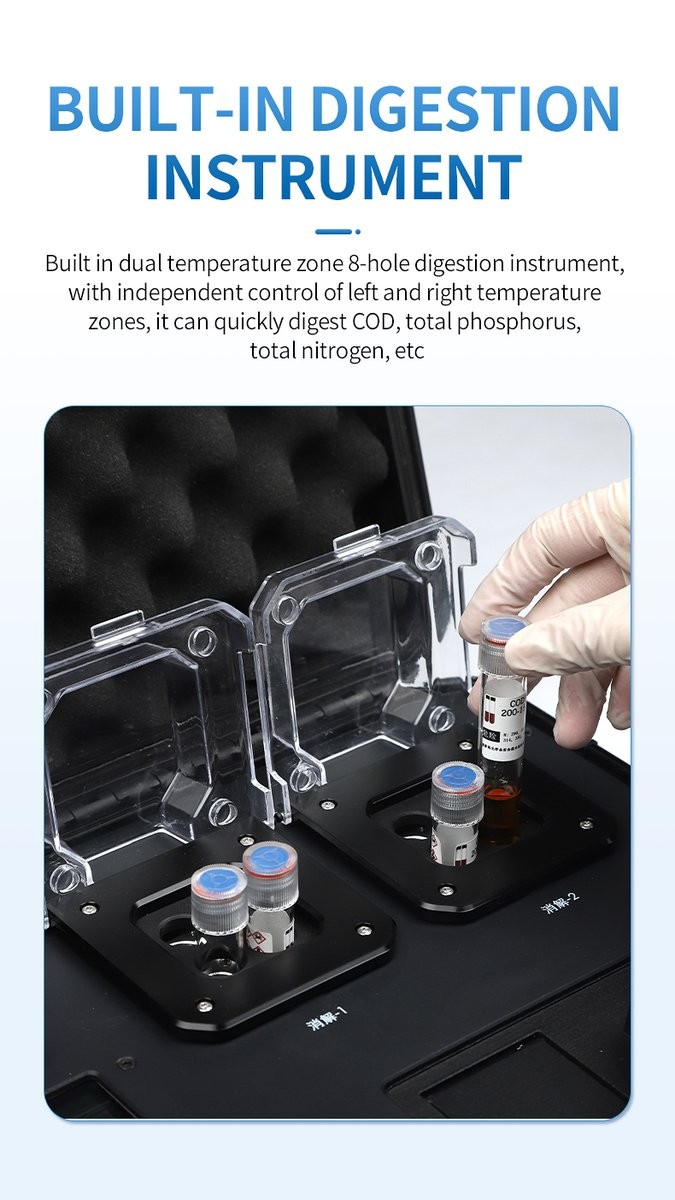 Eight-hole dual-zone digestion block with labeled COD vials being inserted by gloved technician