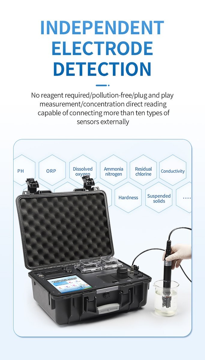 Four-port sensor module with external probe measuring dissolved oxygen in water sample beaker
