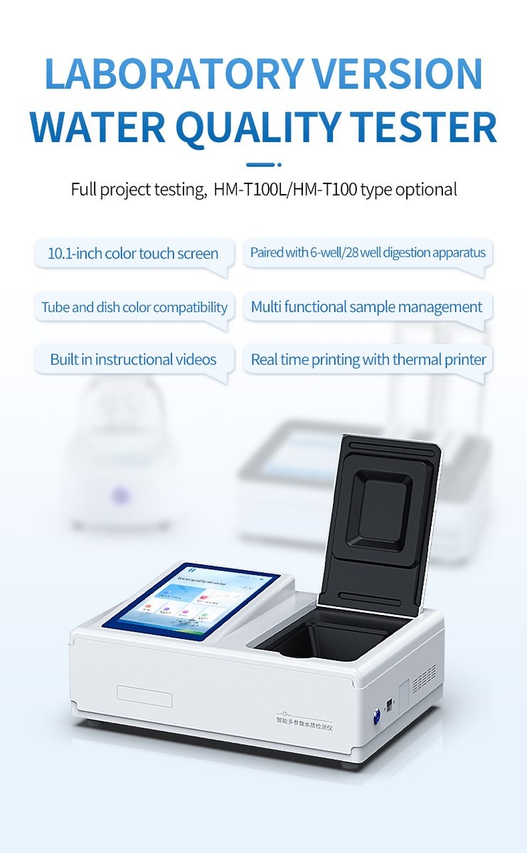 Laboratory-grade water quality tester with 10.1-inch display and paired digestion apparatus