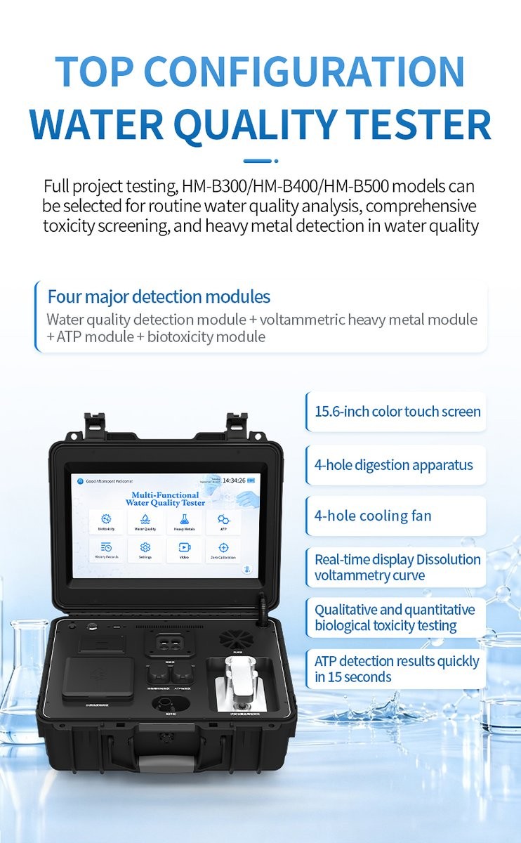Top-tier model with 15.6-inch screen displaying biotoxicity, heavy metals, ATP, and water quality modules