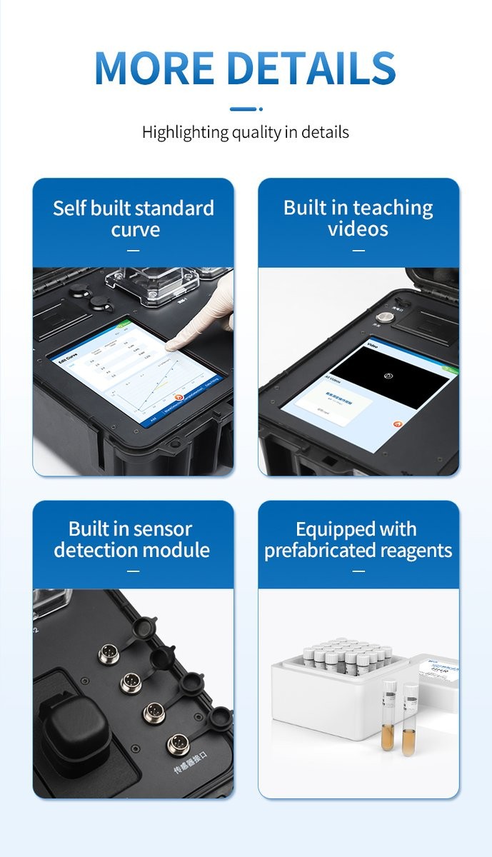 Feature detail cards highlighting self-built curves, video tutorials, four sensor interfaces, and reagent kits
