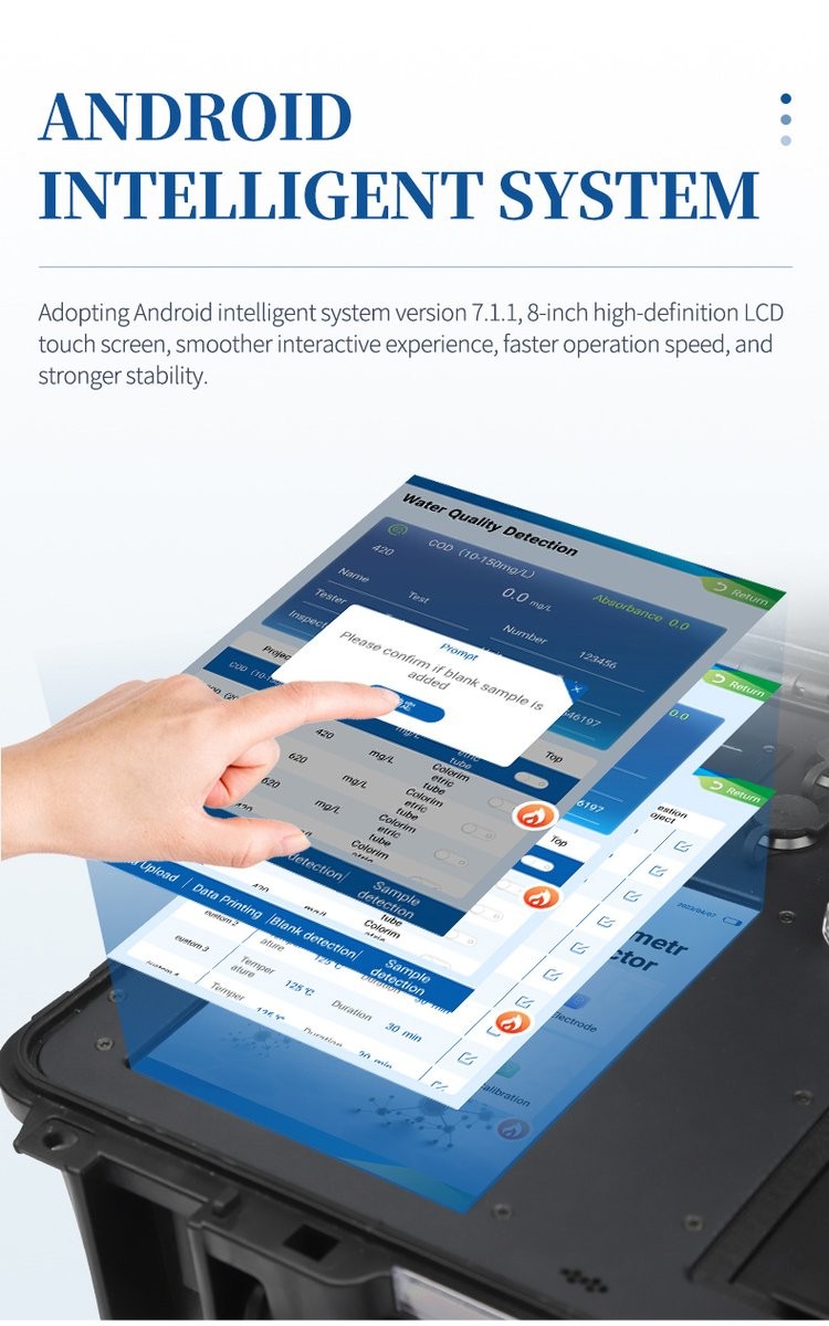 Android touchscreen displaying COD testing workflow with step-by-step guidance