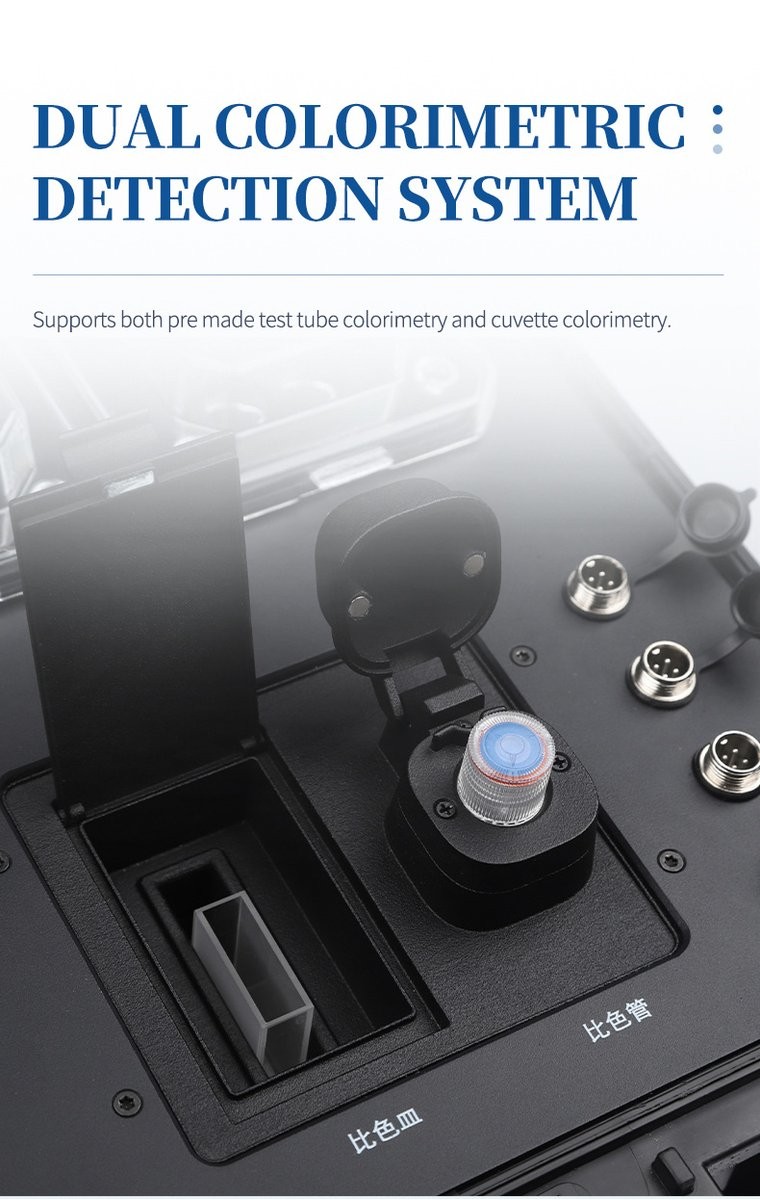 Single detection port accepting 16mm pre-made tubes and cuvettes for organic load analysis