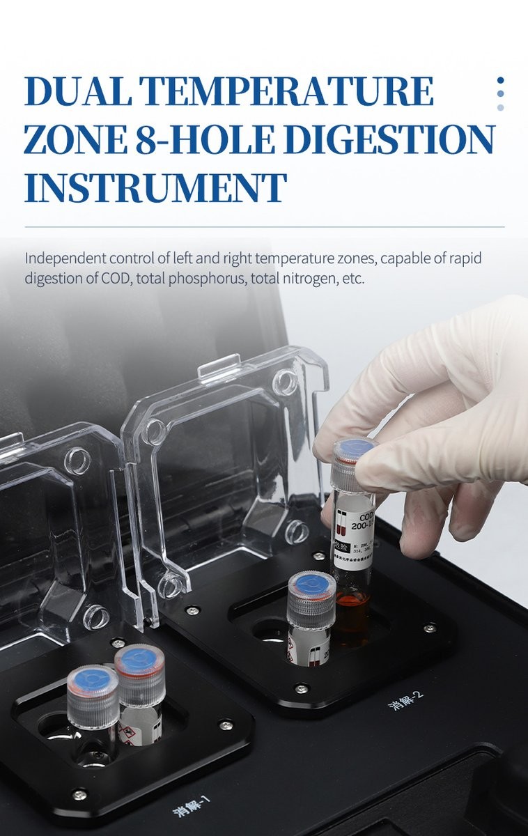 Eight-vial dual-zone digestion block heating samples to 165 degrees for COD pretreatment