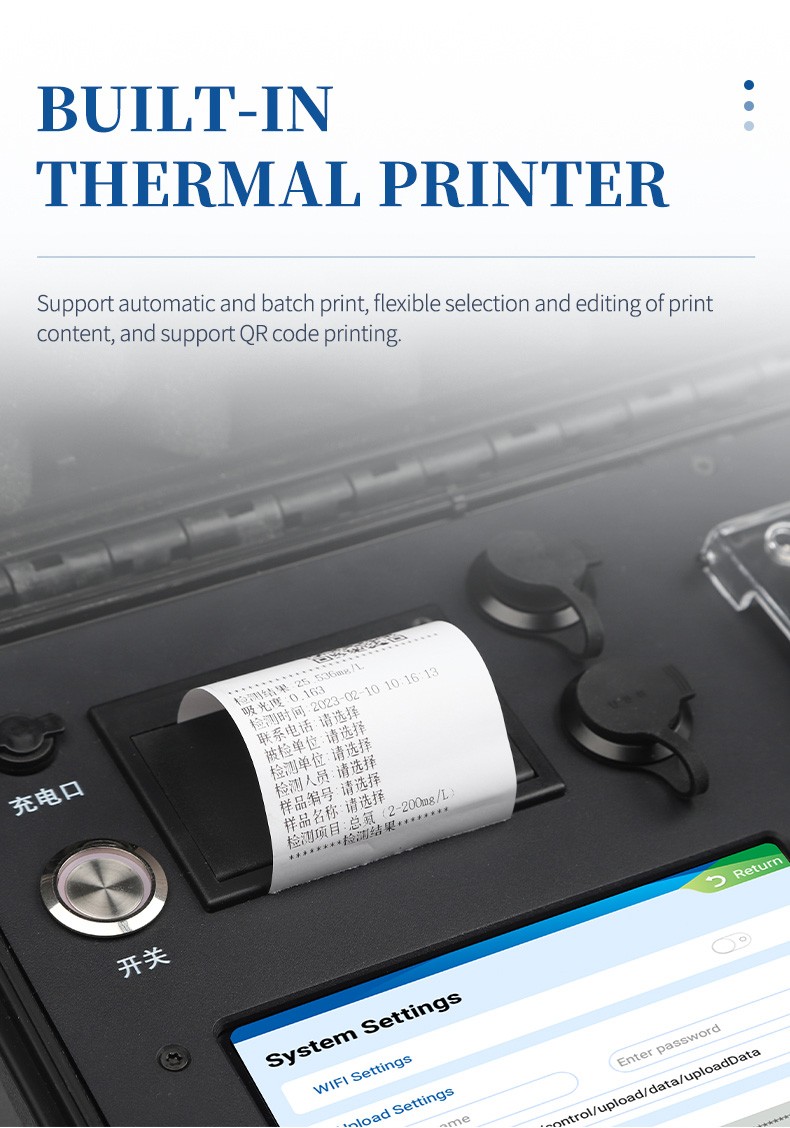 Built-in thermal printer outputting COD test report with QR code traceability