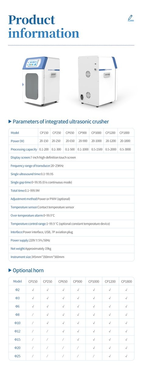 Integrated ultrasonic crusher product information and accessory horn table